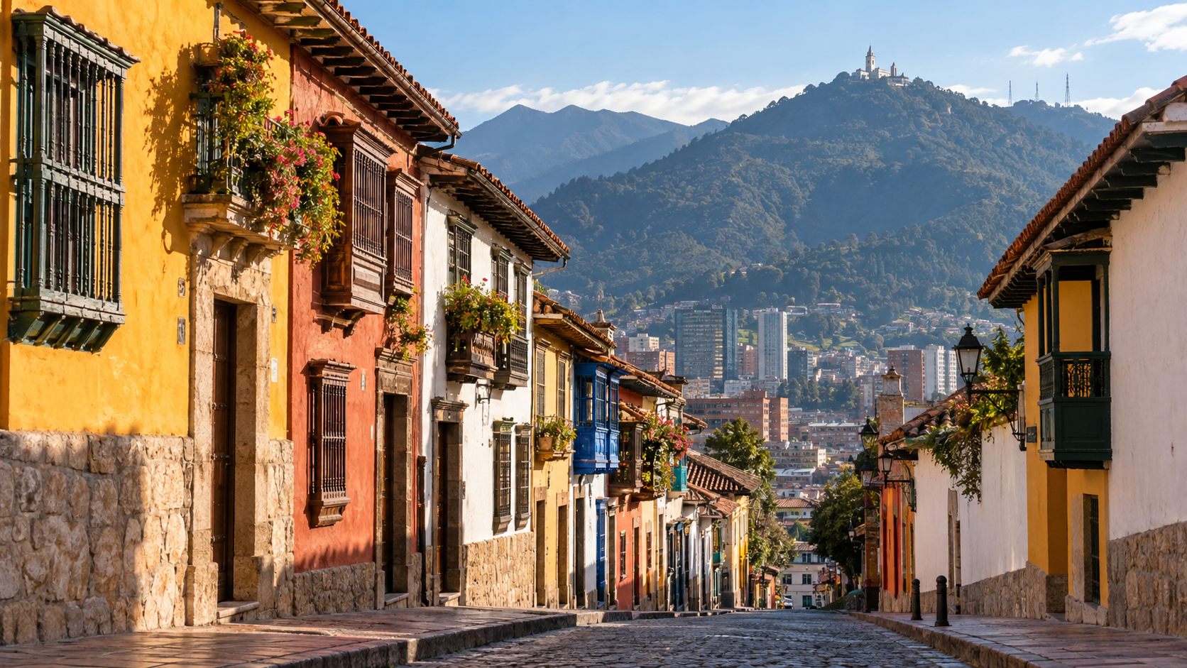 Vista de una calle colorida de Bogotá y los cerros de Monserrate