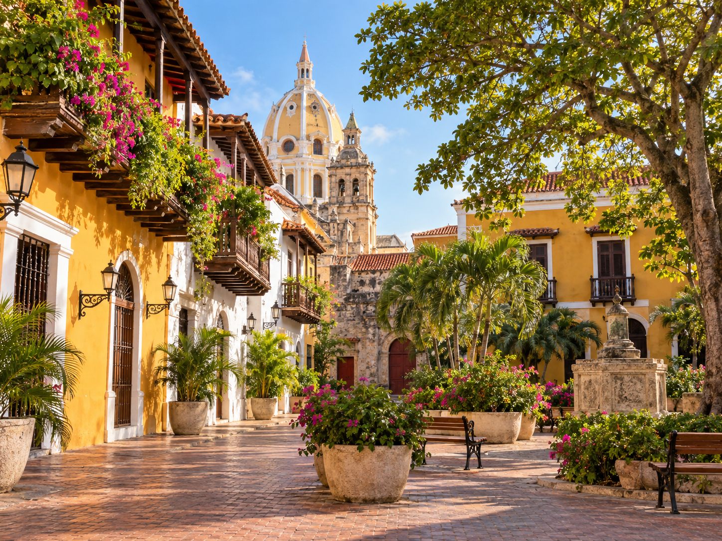 Plaza colonial de Cartagena de Indias bajo la luz caribeña